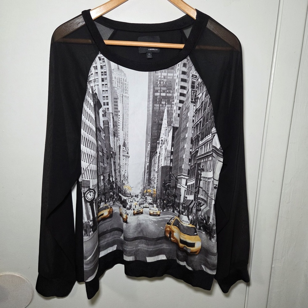 Elie‎ Tahari for Designation NYC Cityscape Print Sheer Long Sleeve Pullover XL